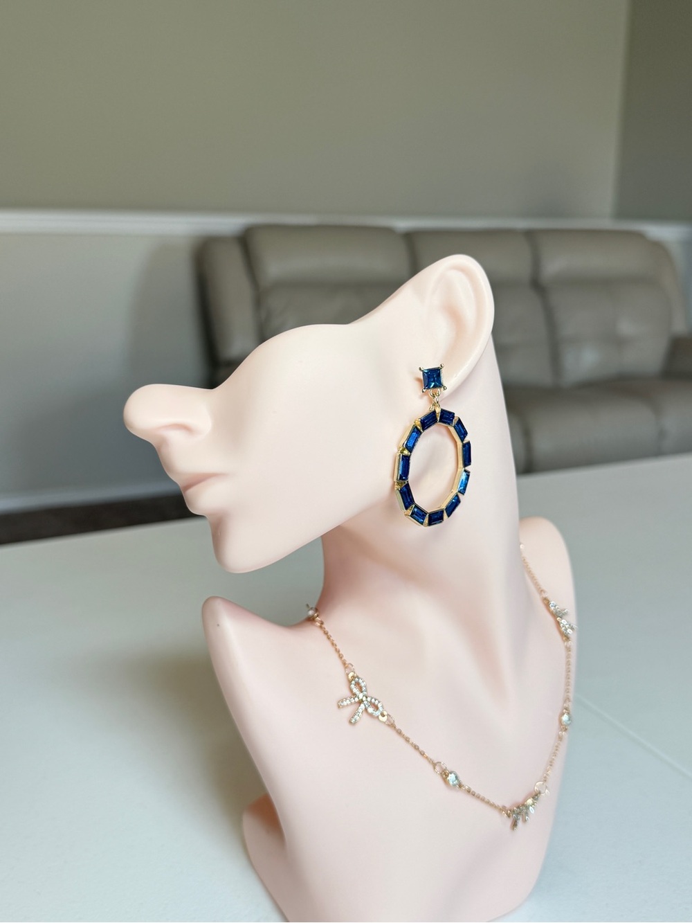 Gold-Tone Hoop Earrings with Blue Gemstones - Picture 5 of 13